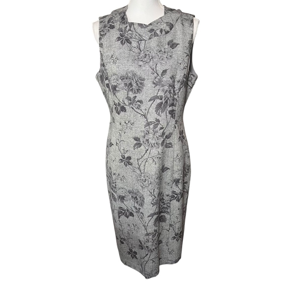 Talbots Wool Blend Grey Floral‎ Roses Cowl Neck Sheath Dress Size 12 Classic NWT